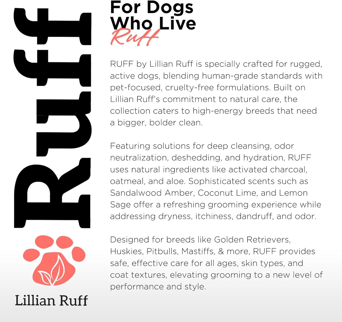 Ruff by Lillian Ruff No-Rinse Waterless Dog Shampoo Spray β Sandalwood Amber β Cleans, Conditions, Detangles & Deodorizes β Puppy & Cat Safe β USA Made (Gallon)