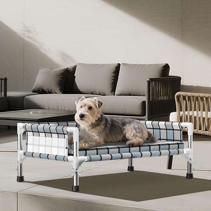 Elevated Dog Bed with with Guardrail & Cushion, Raised 3-Fence Dog Bed | Breathable Lifted Stainless Steel Frame Dog Hammock Bed with Mat for Medium Pets, Cooling Washable Dog Cot
