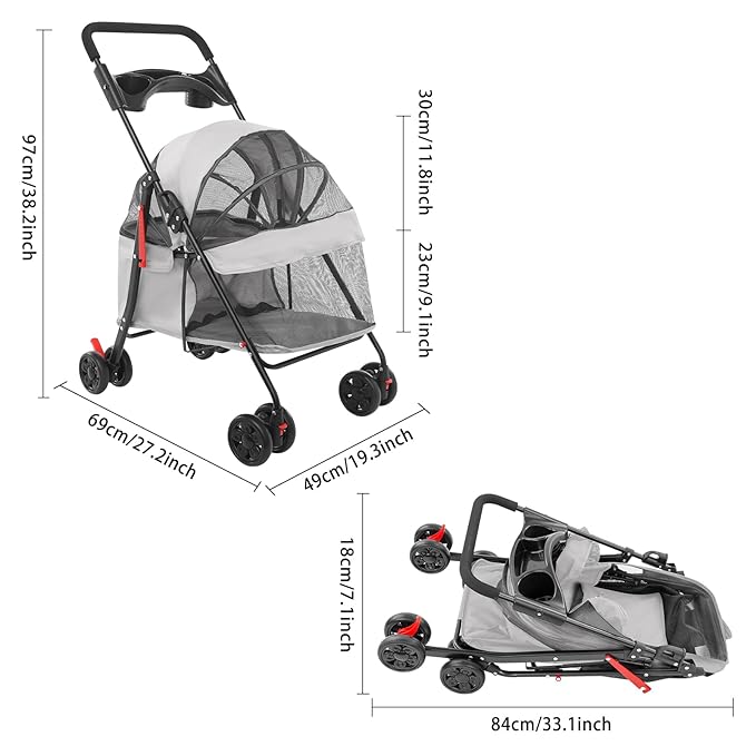 Pet Stroller for Small Medium Dogs Cats, Lightweight Foldable Pet Wagon with 360° Front Wheels & Brake, 40 lbs Capacity Carrier for Park Travel Shopping, Breathable Mesh Basket (Light Gray)