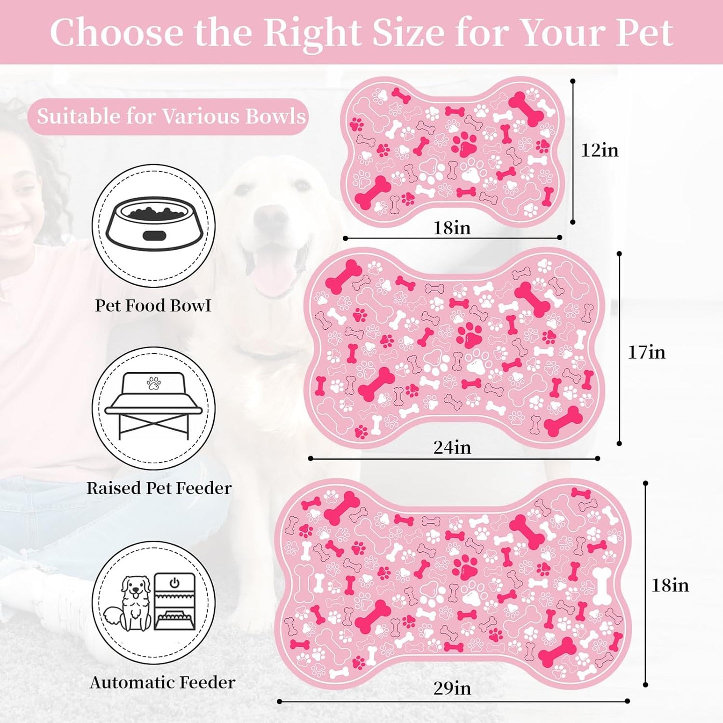 Dog & Cat Food Mat Bone Shaped Pet Feeding Mat Quick Absorb Water Bowl Placemat with Rubber Backing Indoor Floor Stain Resistant Pet Accessory Supplies (Light Pink, 16x24 Inches)