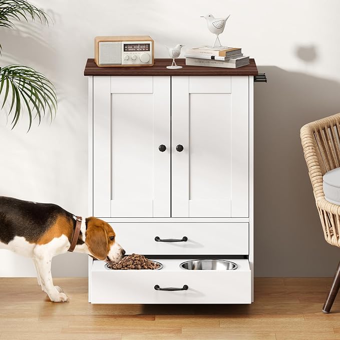 Rovibek Dog Feeding Station with Elevated Dog Bowls with Storage Drawers | Pet Storage Cabinet and Pet Feeding Station with Leash Hooks, Pet Organizers for Food & Supplies, White