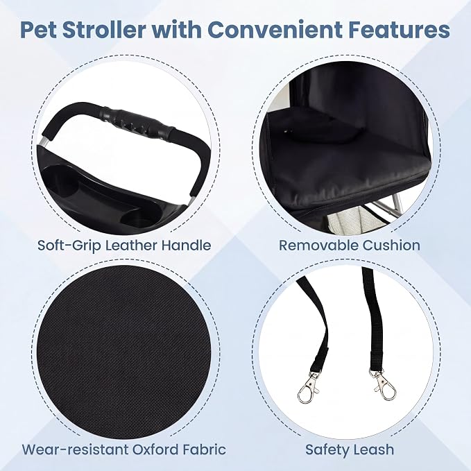 Giantex 3 Wheel Foldable Dog Stroller for Small Dogs Cats, Lightweight Pet Stroller with Lockable Wheels, One-Hand Quick Fold, Mesh Windows, Safety Leash & Storage Basket, Pet Travel Stroller (Black)