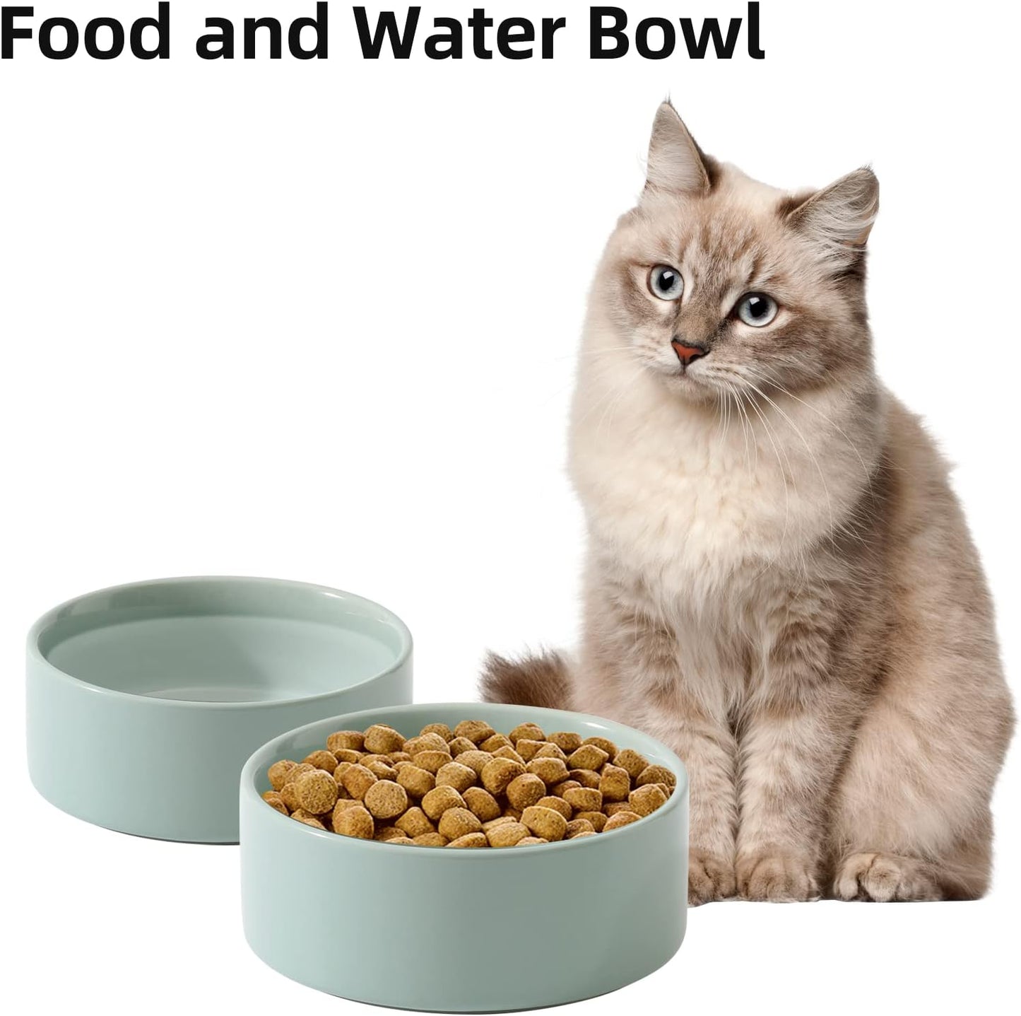 Ceramic Set of 2 Cat Bowls, Food and Water Bowls for Cats, Kitty, 2pcs Cat Dishes, Pet Feeder(5.1inch, 2 x Light Green Bowls)