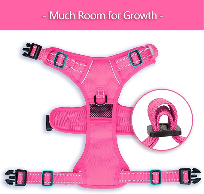 PoyPet No Pull Dog Harness, Reflective Vest with 2 Leash Clips & Handle | Lockable Neck Release Buckle, No Choke, Adjustable, Soft Padded, for Walking Training, Pink Matching Trim, Medium