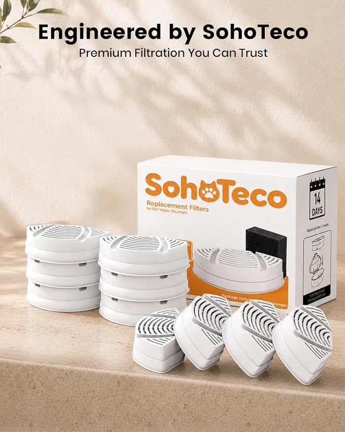 15 Pack of Official Replacement Filters (7 Months Supply) for SohoTeco Stainless Steel Pet Water Fountain for Cats Inside