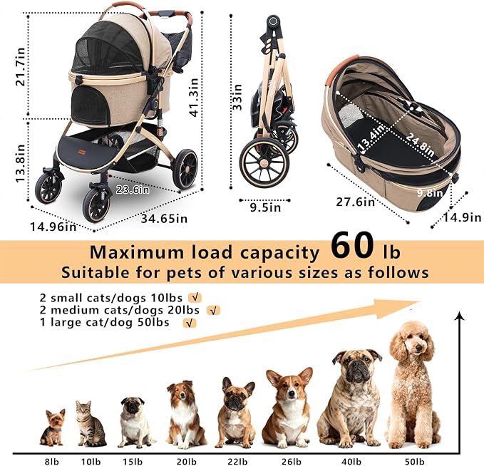 Pettingzoo Dog stroller with 4 Wheels, Folding Cat Stroller for Small/Medium/Large dogs & cats to 60 lbs, pet stroller with removable carrier, Storage BasketCup Holder,3 in1 Multifunctional Detachable