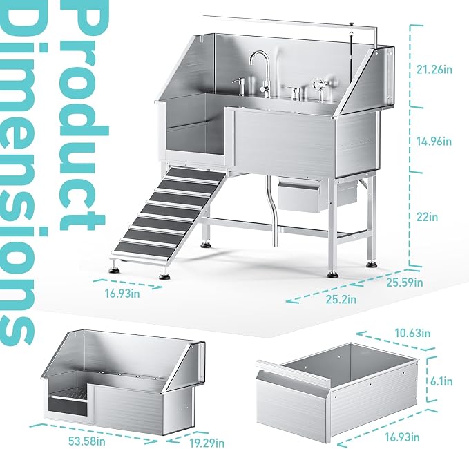 56" Dog Washing Station, 304 Stainless Steel, 600 lb, Side Ramp | 1mm Thick, hot cold faucet, fixed sprayer, shampoo dispenser, storage drawer, S-trap, hair filter, garage outdoor grooming