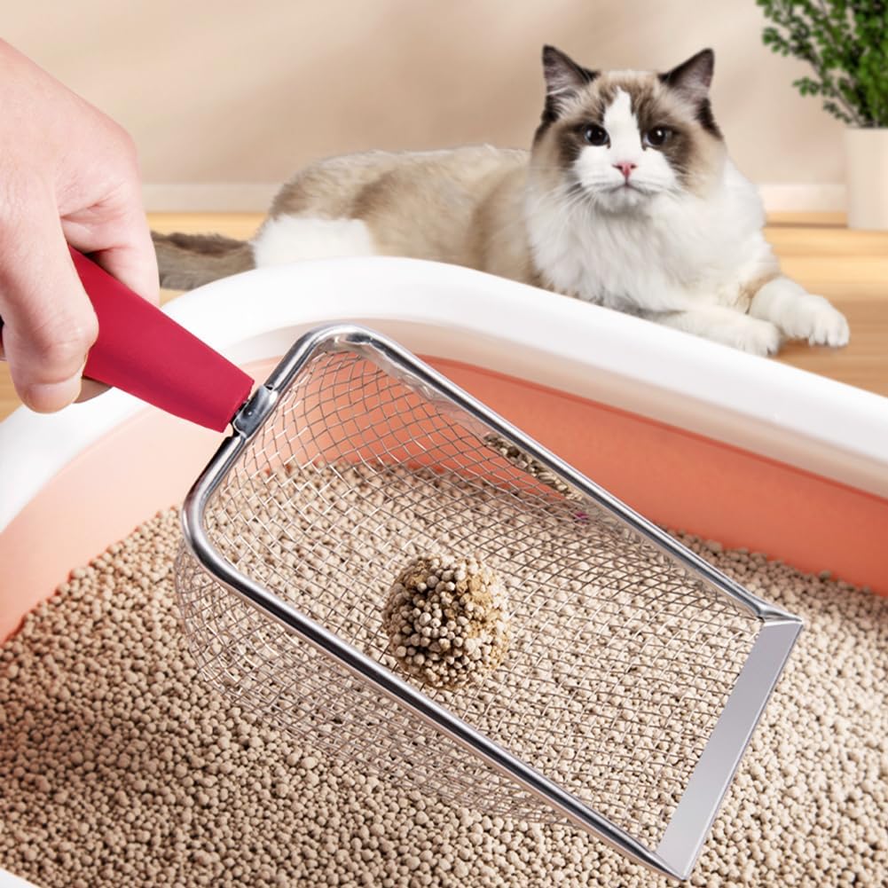 Cat Litter Scoop,Sturdy Litter Cleaner Corner Shovel,Stainless Steel Mesh Litter Shovel,Easy to Clean Reptile Terrarium Sand Waste,Beach Shovel(Red)