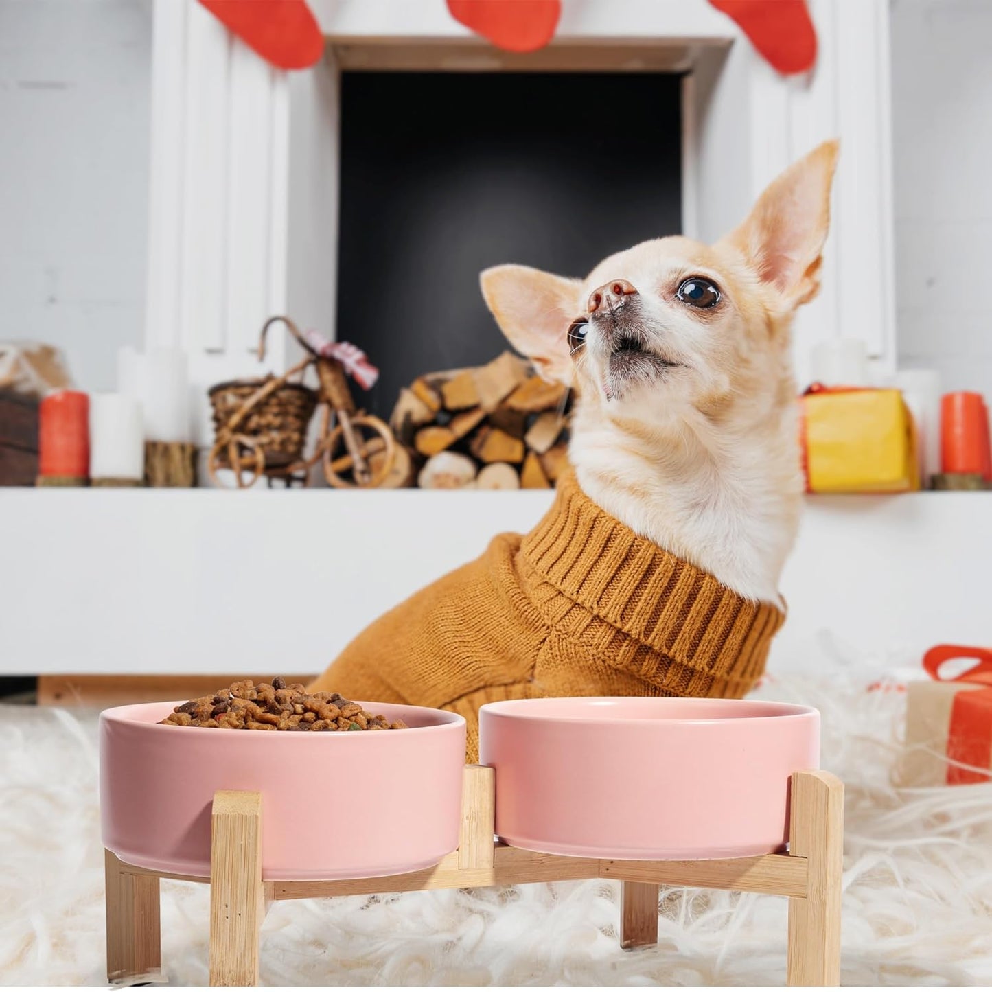 Elevated Ceramic Dog Bowl Set - Raised Feeding Bowls with Non-Slip Bamboo Stand - Small Pet Dishes for Food and Water - Ideal for Cats and Puppies - 16.23 OZ - 2 Cups - 480 ML