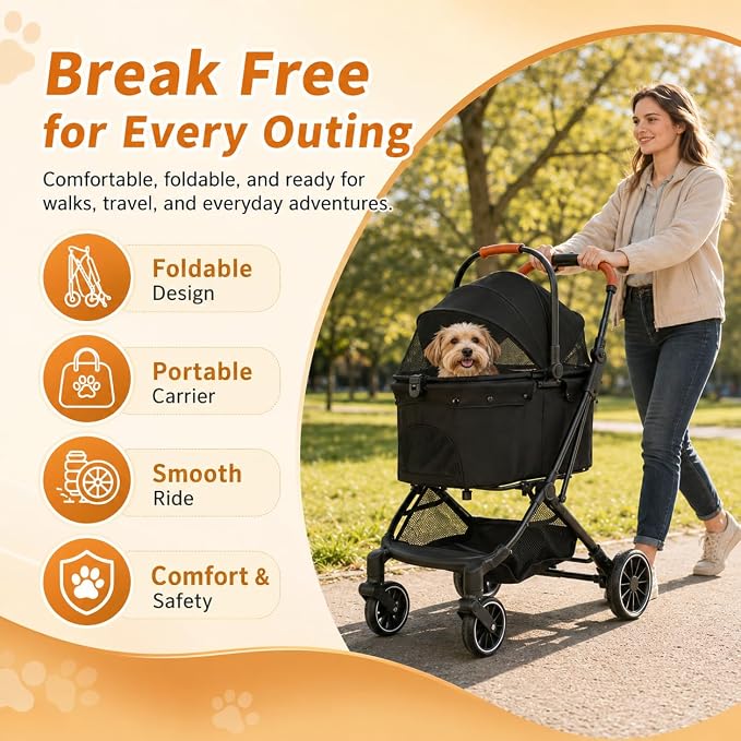 Pet Stroller for Small Dogs and Cats, Detachable Dog Cat Stroller with All-Terrain Shock Absorbing Wheels, One-Click Foldable Design, Adjustable Canopy (Gray)