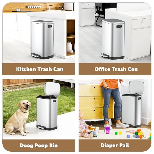 Dog Poop Trash Can Outside, 50L/13 Gal Waterproof & Odor Control Outdoor Trash can, Stainless Steel Dog Waste Container with Foot Pedal & Lid, Heavy-Duty Pet Poop Bucket for Patio(Silver)