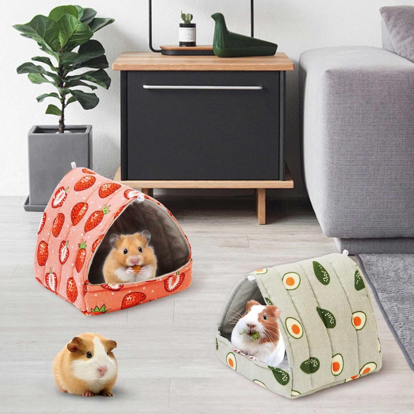 JSPYFITS 2 Pack Guinea Pig Hideout,Small Animal House Guinea Pig Bed Washable Cage Accessories for Small Pet Bunny/Rabbit/Hamster/Chinchilla Guinea Strawberry/Avocado