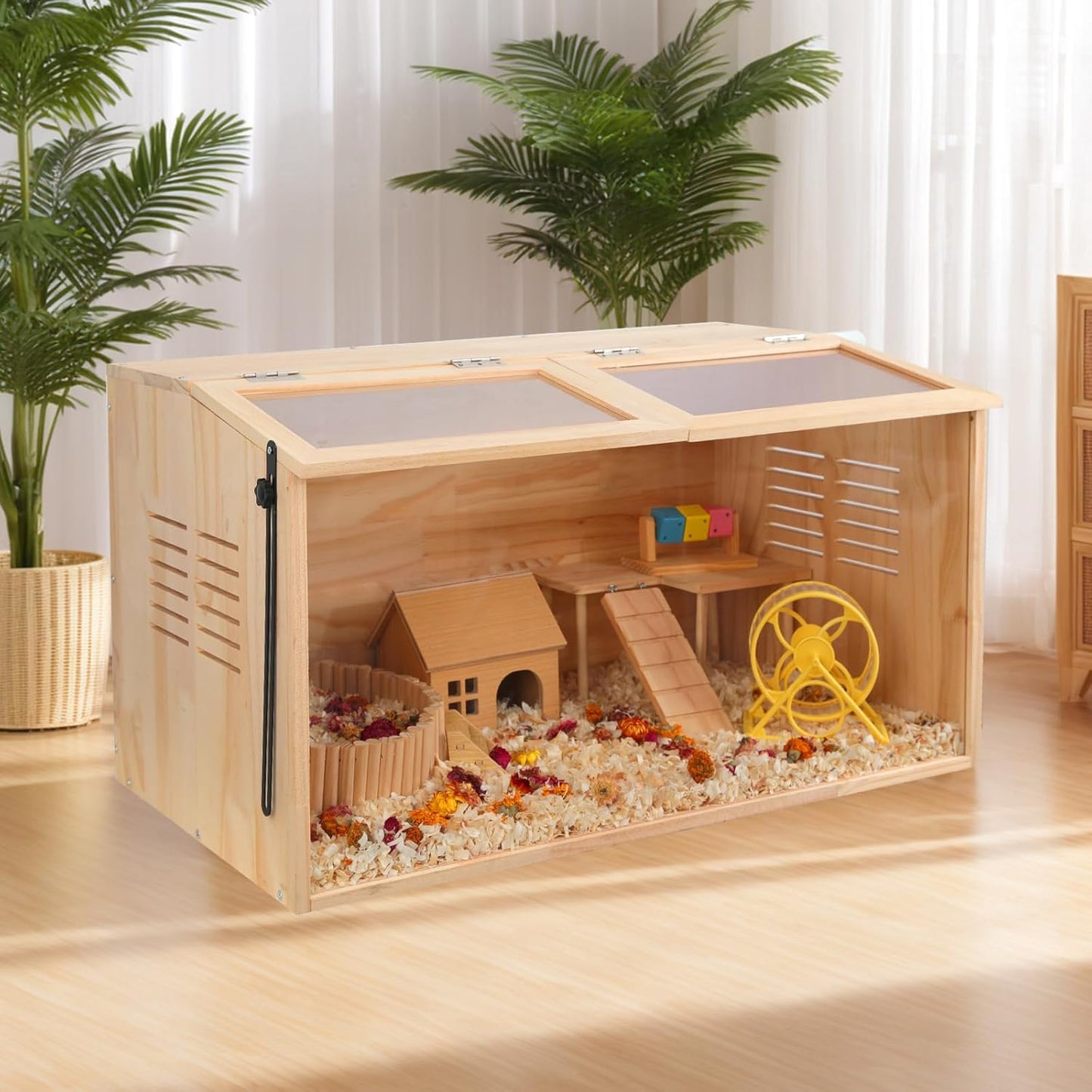 Wooden Hamster Cage,32" Lx16 Wx16 H,Animal Cabinet for Dwarf Syrian Hamsters Degus, Hamster Habitat with Openable Top and Large Acrylic Sheets, Natural Wooden Hamster Habitat.