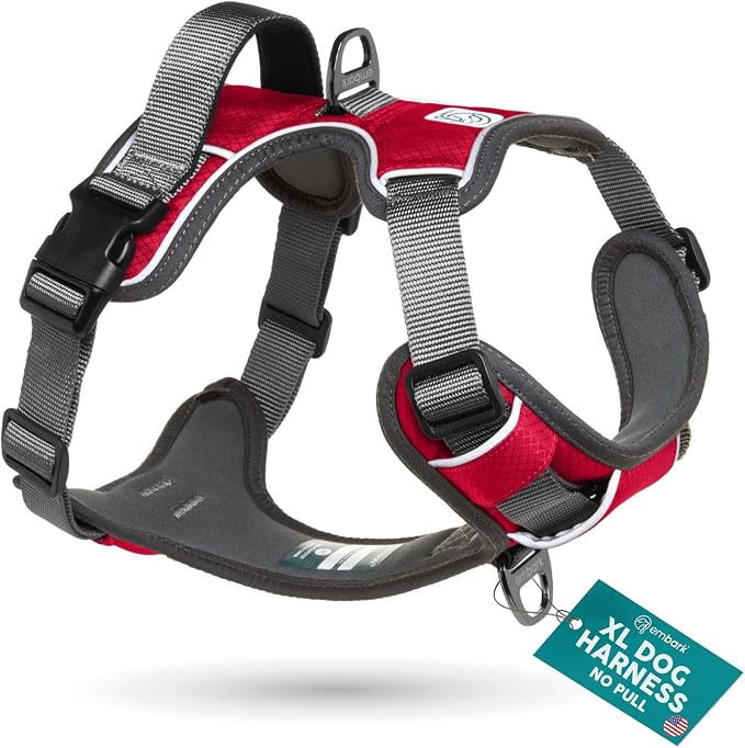 Embark No Pull Dog Harness, Reflective Adjustable Training Vest, No Choke | Adjustable straps fit all dog breeds with sturdy hooks; 360° reflective trim, soft padded Harness Design for All Dogs