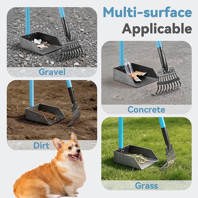 Dog Pooper Scooper, Pooper Scooper for Large Dogs Long Handle | Stainless Metal Tray and Rake, Poop Scoop Suitable for Large Dogs, Small Dogs, Suitable for Use on Grass, Dirt, Gravel (Blue)