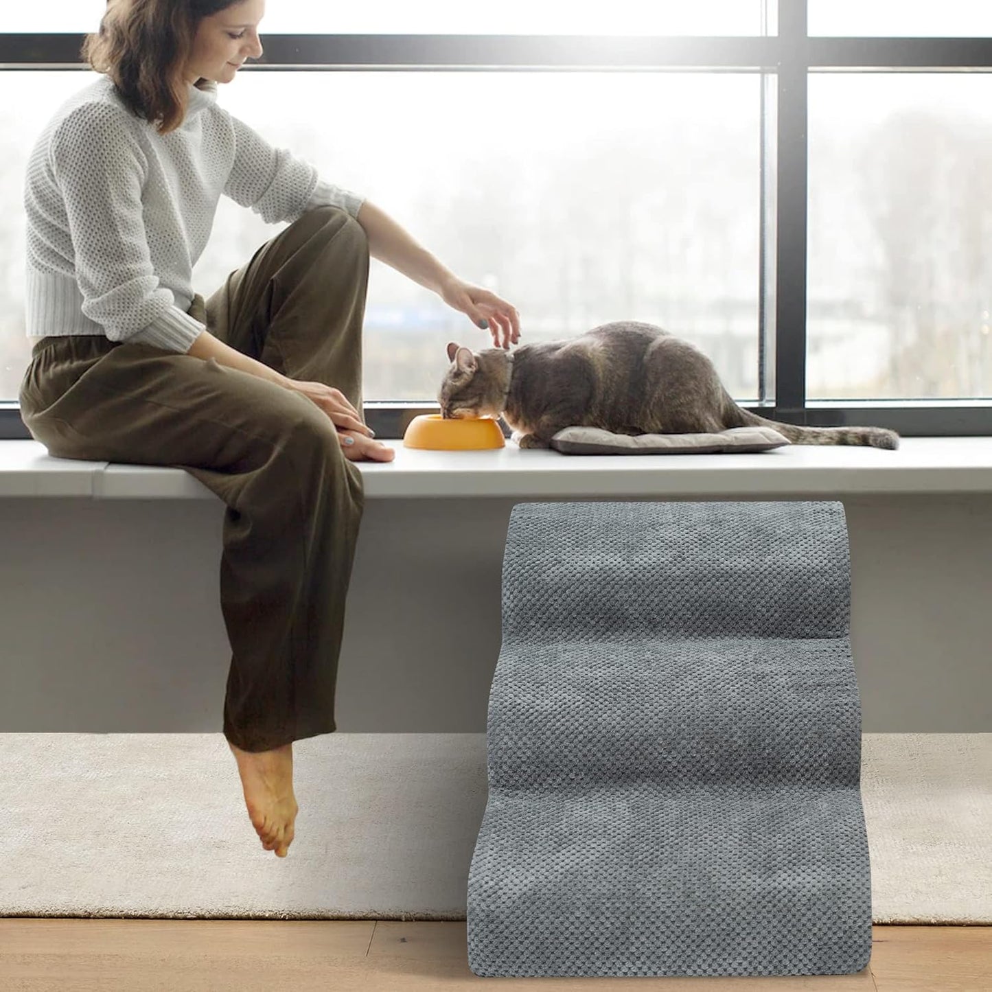 Dog Stairs for Small Dogs - High Density Foam Dog Ramp, Extra Wide Pet Steps with Non-Slip Bottom for High Beds, Couche and Sofa, Best for Dogs Injured, Older Doggy Cats (Grey, 3 Steps)