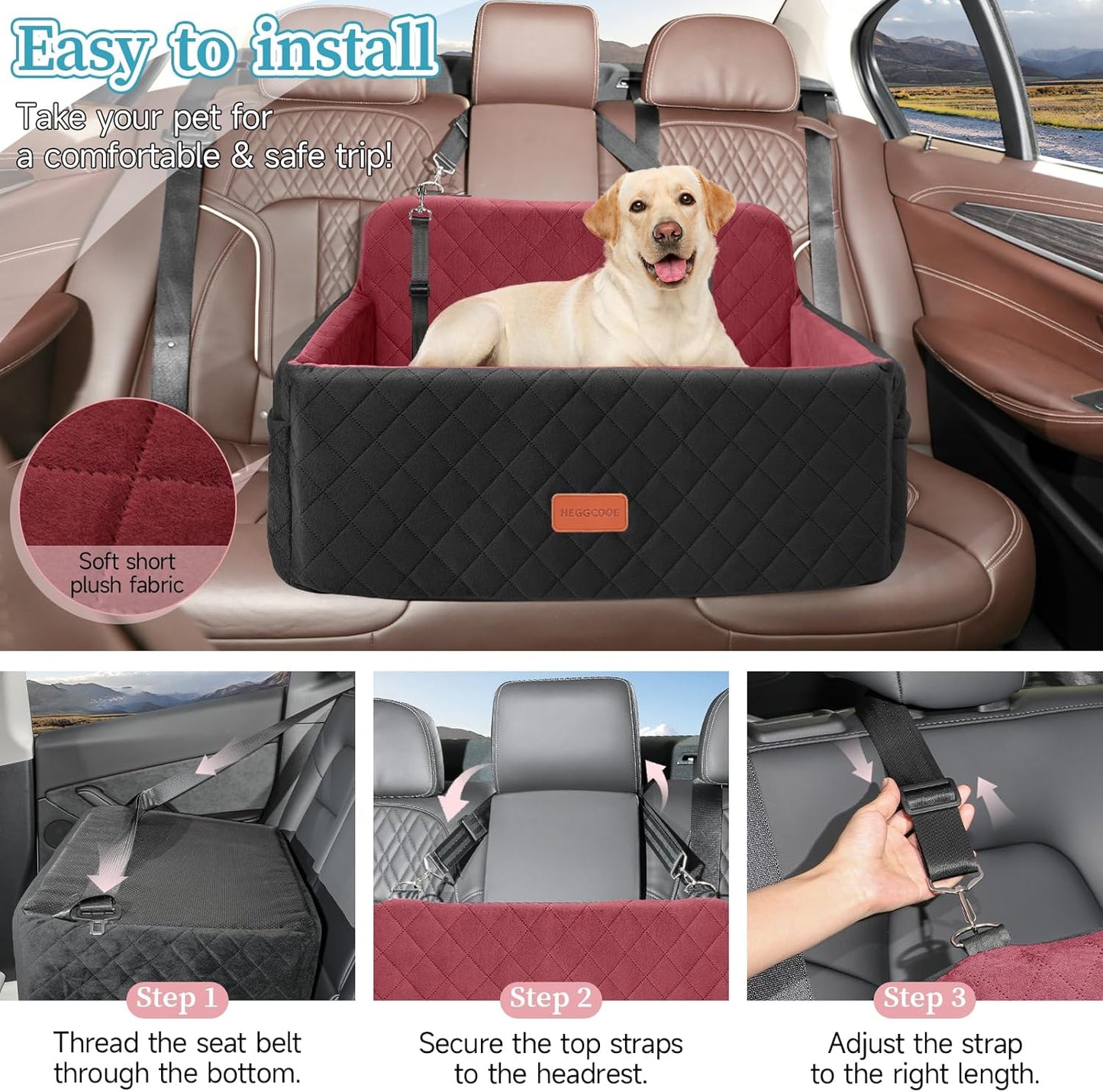 Dog Car Seat for Medium/Large Dogs, Pet Booster Seat for Under 55 lbs or 2 Small Dogs, Detachable & Washable Dog Car Bed for Backseat with 2 Safety Leashes (Blcak/red)