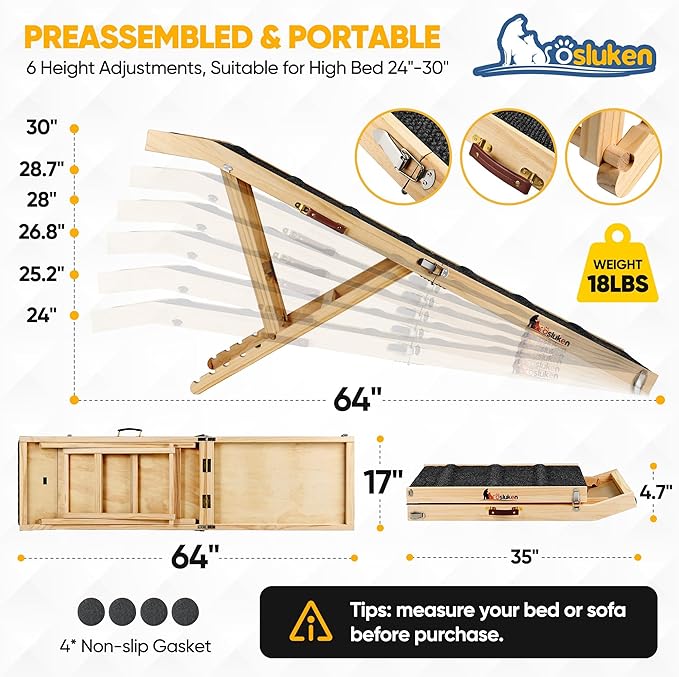 ππππ ππ©π π«ππππ Dog Ramp for Bed, 64" Long Foldable Pet Ramp for Small Large Dogs, Dog Ramps for High Beds Car, High Traction with Platform 6 Adjustable Heights 24" to 30" Up to 220LBS Black