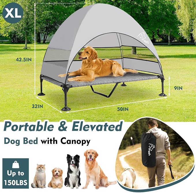 Elevated Outdoor Dog Bed with Canopy Raised Dog Cot with Shade Large Dog | Outdoor Dog Bed with Removable Wider Shade & Stable Anti-Slip Feet for Camping Raised Dogs Cot for Large Pets, Dark Gray