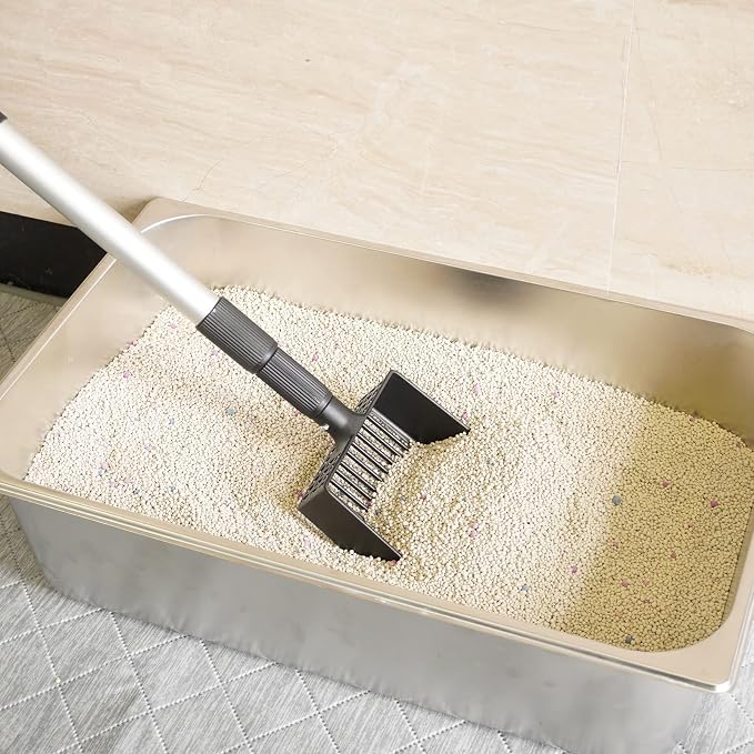 Cat Litter Scoop, Deep Shovel with Metal Long Handle, 21"-39.5" Telescopic & Adjustable Heavy Duty Fast Sifting Shovel Kitty Litter Scooper for Sifting Cats Litter