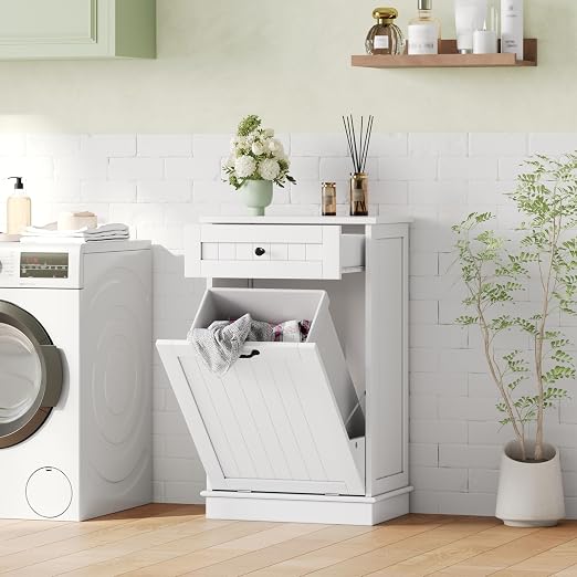 10 Gallon Tilt Out Trash Can Cabinet with Drawer, Hidden Trash Can, White | Cabinet with Drawers for Kitchen, Bathroom and Laundry Room