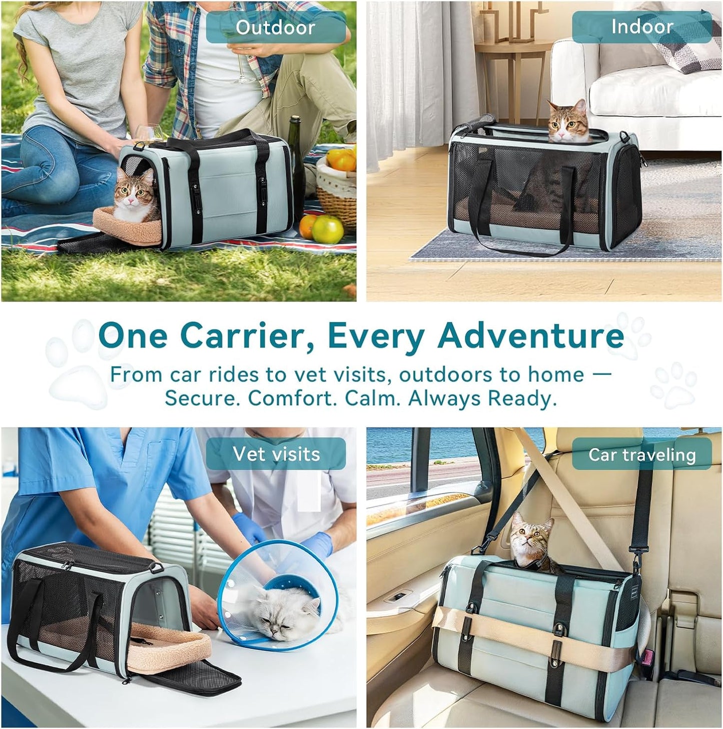 PETSFIT Soft-Sided Cat Carriers & Car Seats with Patent Safe Buckles, Clip-On Harness,18"x11"x11" Airline Approved Pet Carrier - 9 lbs Capacity (Cyan Blue)