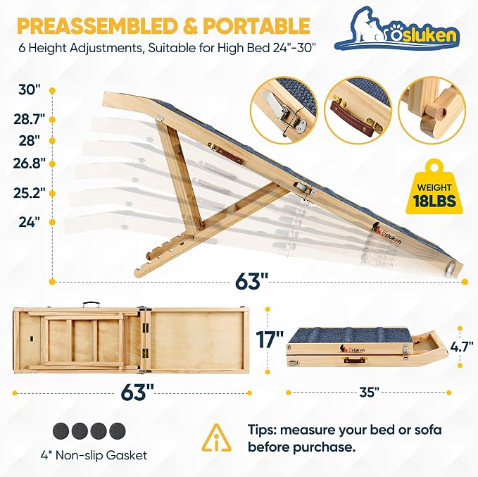 2026 Upgraded Dog Ramp for Bed, 63" Long Foldable Pet Ramp for Small Large Dogs, Dog Ramps for High Beds Car, High Traction with Platform 6 Adjustable Heights 24" to 30" Up to 220LBS, Wood