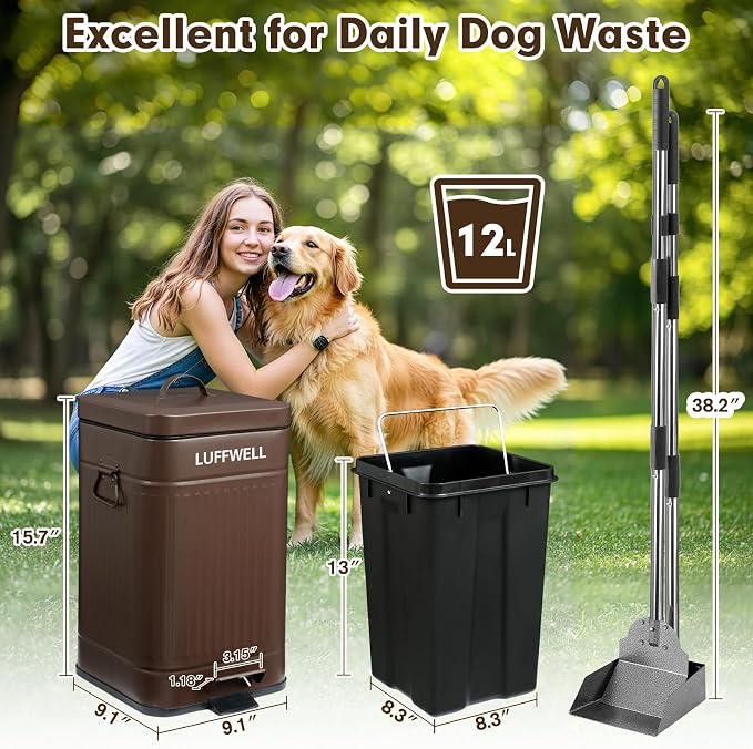 Dog Poop Trash Can Outside, 12L Metal Bin, Tray & Spade | 2 carbon filters, Step-to-open pedal, Soft-close lid, Anti-tip securing ring, Easier cleanup, Stays upright