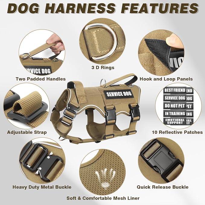 Tactical Dog Harness and Leash Set with Metal Buckles+10 Patches | Heavy Duty Service Dog Vest ,Adjustable Harness for Medium Sized Dogs,No Pull Front Back Clips,for Training Hiking,Brown M