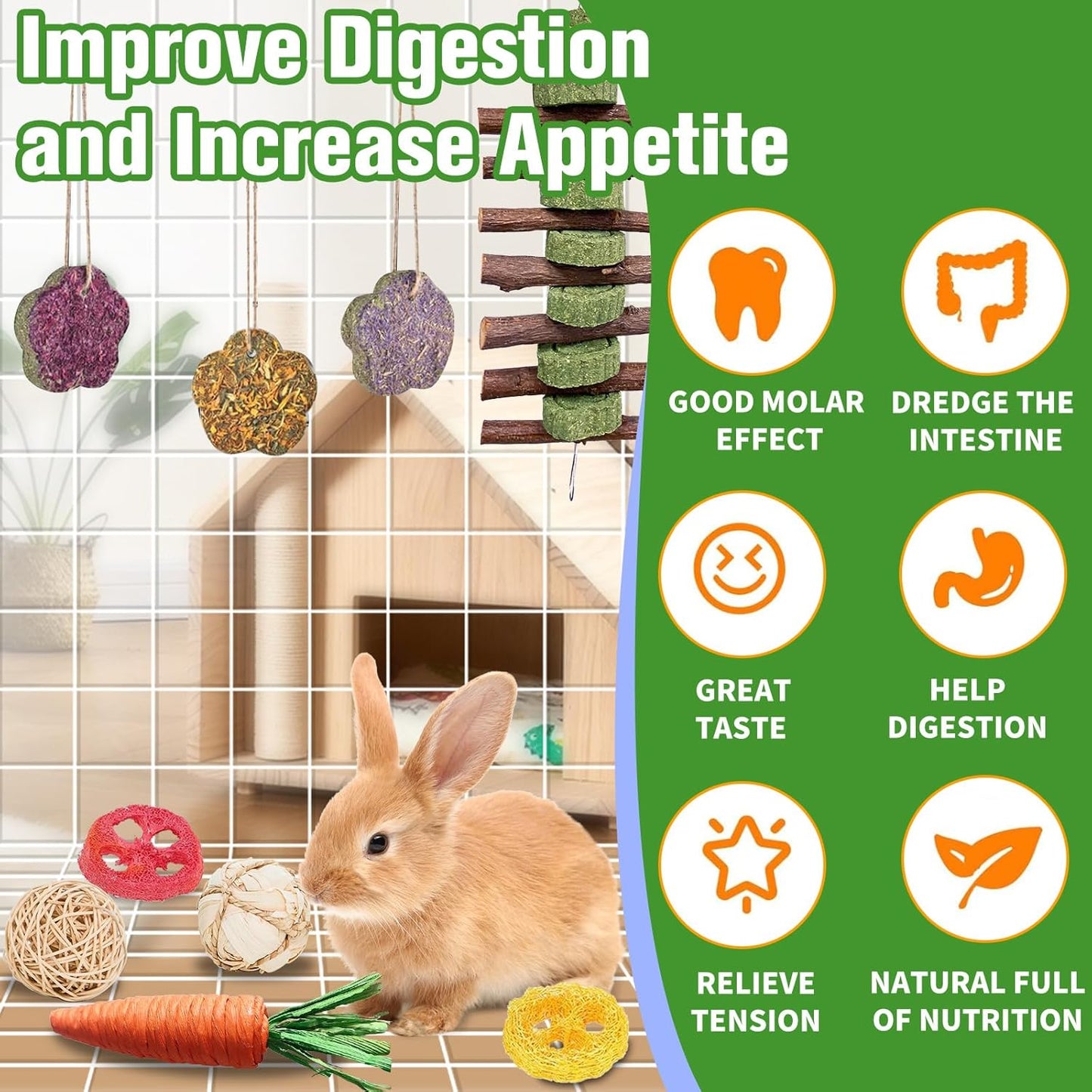 WDEFUN 21-Piece Natural Small Pet Chew Toys Set for Rabbits, Hamsters & Organic Grass Mat, Hay Sticks, Loofah Slices, Wooden Chews & More for Dental Health & Boredom Relief