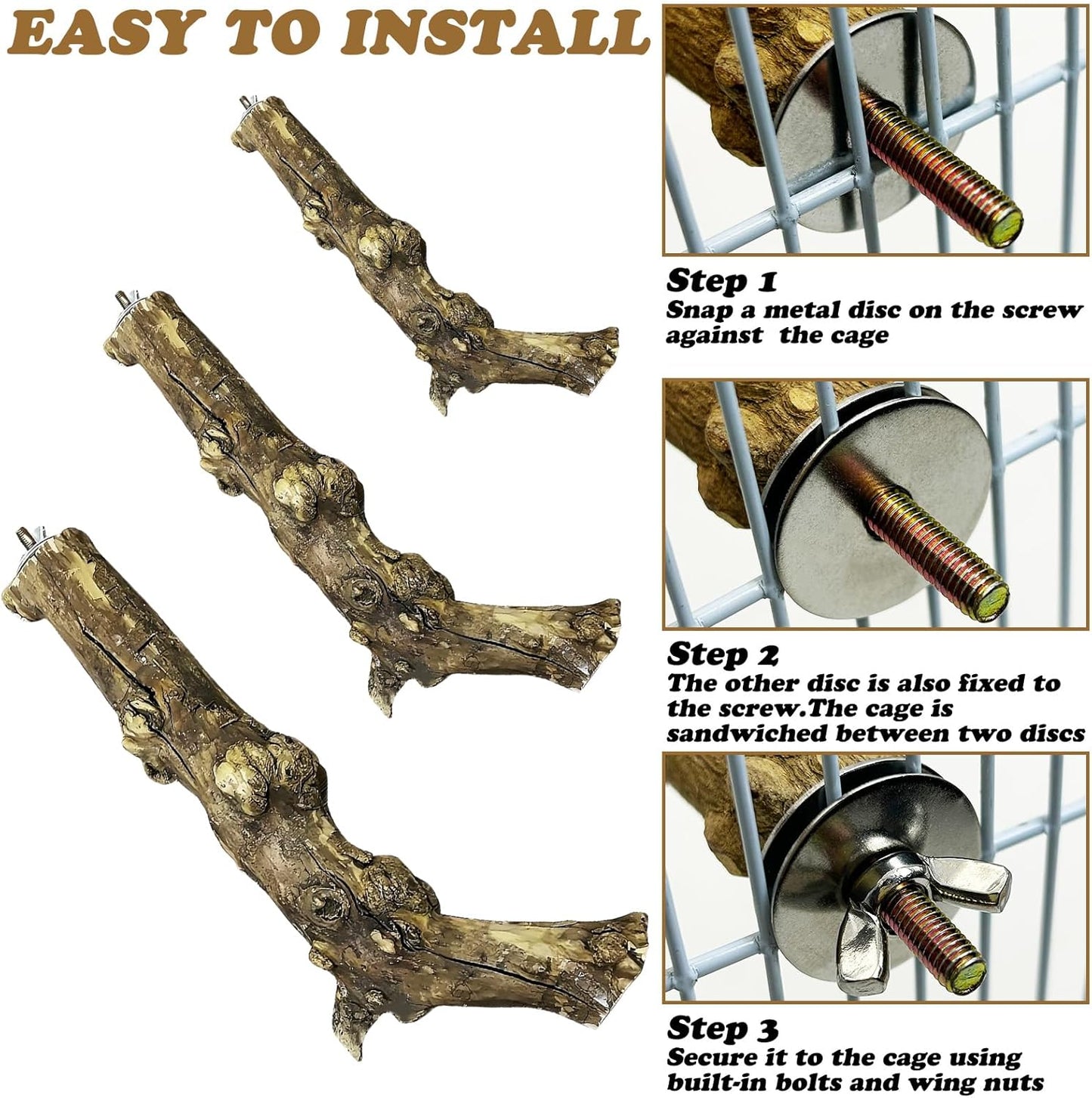 PINVNBY 3 Sizes Natural Bird Perches Wooden Parakeet Perches Bird Perches for Cage Parrot Chewing Stick Paw Grinding Exercise Training Bird Cage Accessories for Budgies Conures Cockatiels Lovebirds