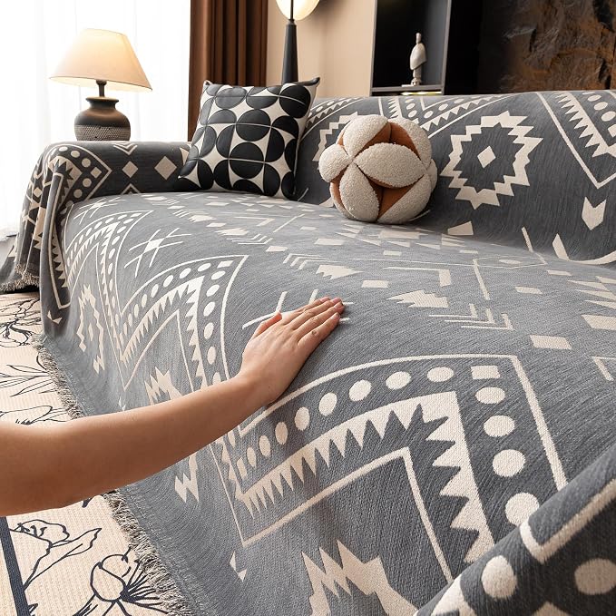 VClife Bohemian Aztec Couch Cover Sectional Sofa Slipcover Washable Chenille Couch Cover for 3 Cushion Couch Sofa - Gray White Tribal Geometric Pattern Furniture Protector with Tassel Edge 71" X 134"