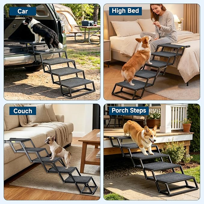 Dog Ramp for Car, Foldable Dog Steps for Car with Non-Slip Surface, Dogs Stairs for Cars, High Beds, Truck, Supports up to 250lbs, 5 Steps