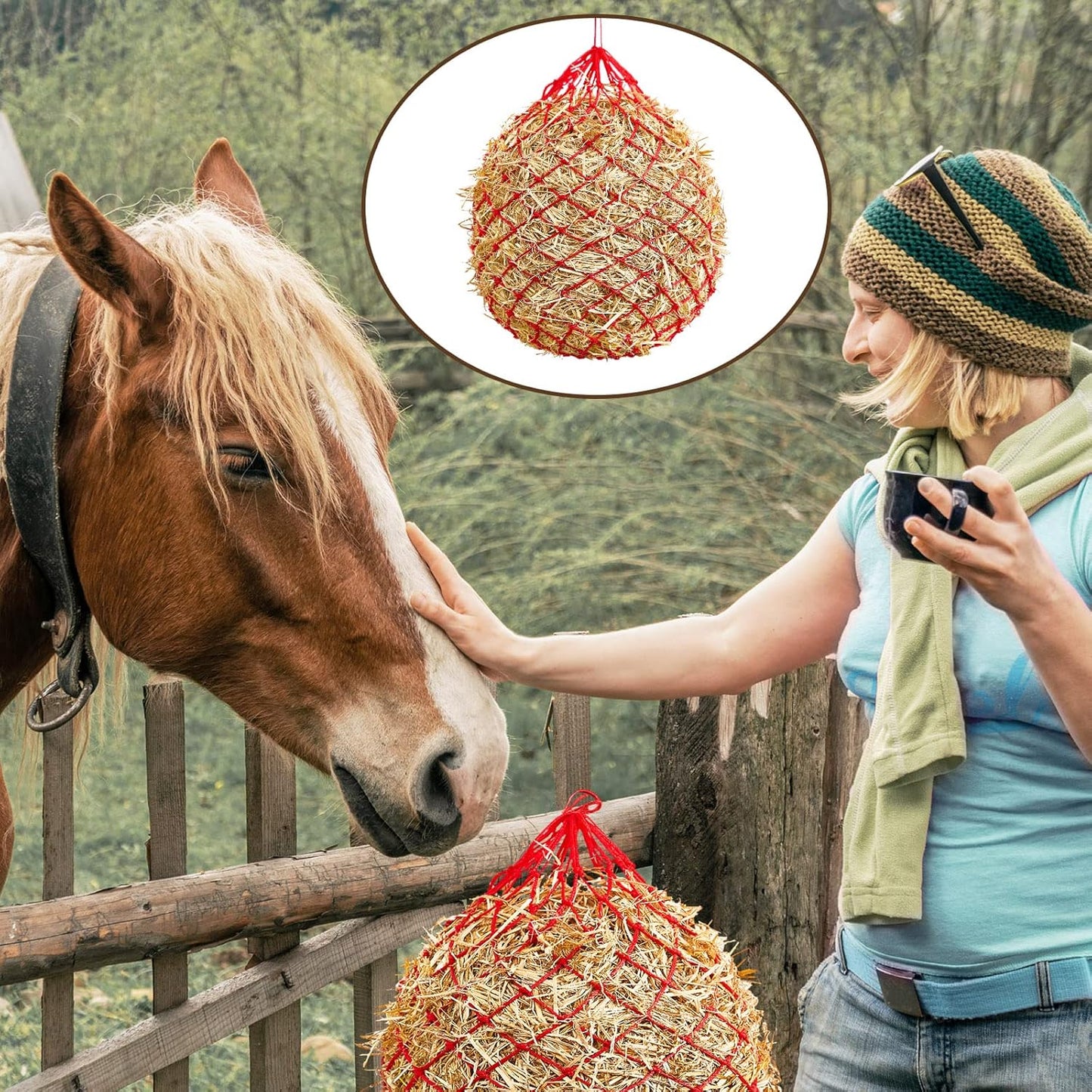Fabbay 4 Pcs Slow Feed Hay Net Feeder Hay Bag for Horses Slow Feeder 40 Inch Length with 2 Inch Holes Hanging Horse Feed Net for Goat Cattle Equine Stalls Barn Supplies(Red)