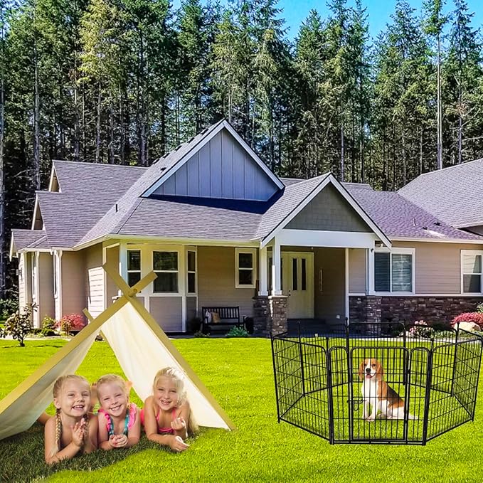 ADAVIN Dog Playpen 36 inch, Low Threshold Door 4 Panels Total 8.9 Ft(L) Tall Garden Fence, Dog Fence Outdoor for Yard, Black Metal Dog Pen Indoor, Dog Exercise Fence for RV Camping