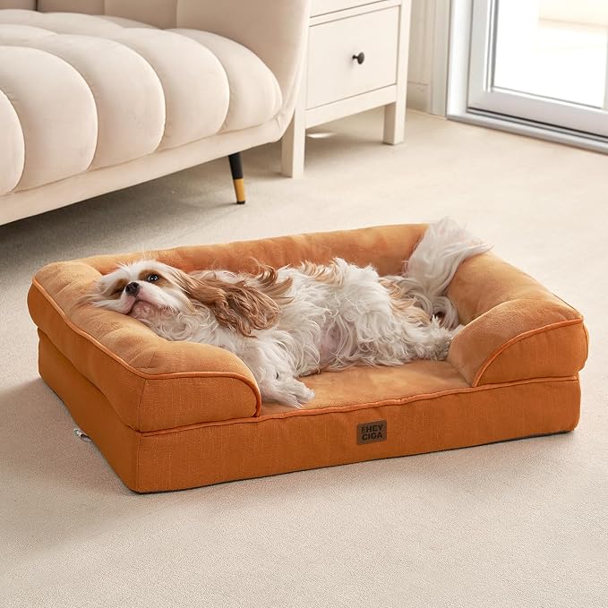 EHEYCIGA Orthopedic Dog Bed Medium Size Dog, Waterproof Washable Pet Beds | Non-Slip Bottom and Egg-Crate Memory Foam Dog Couch Bed with Washable Removable Cover, Pumpkin Orange