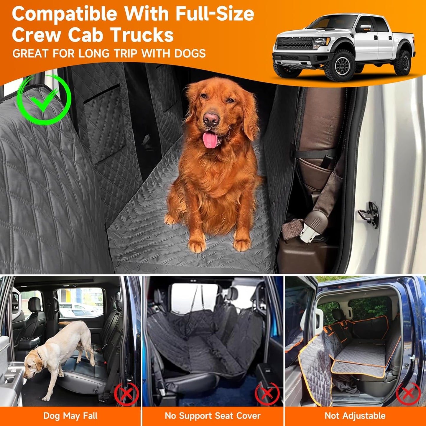 XL Dog Truck Seat Cover with Car Door Protector, for Trucks with Flip Up Rear Seats, Waterproof Full Coverage Dog Seat Cover for Full Size Crew Cab Trucks F150 F250