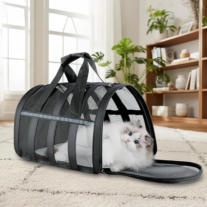 Soft Sided Pet Carrier, Airline Approved Dog Cat Travel Bag with Mesh Windows, Collapsible Portable Pet Carrier for Small Medium Dogs Cats (Black)