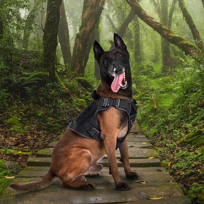 Tactical Dog Harness, Military Reflective Dog Harness | 2X Metal Buckle,Hidden Airtag Holder and Handle, Adjustable No-Pull Service Dog Vest with Molle & Loop Panels