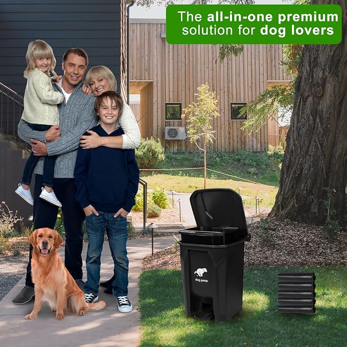 Dog Poop Trash Can Outside - 20L/5Gal Large Outdoor Trash Can with Lid | Outdoor Dog Poop Trash Can with 100 Bags, Pedal and Removable Inner Bin, Odor Control, Suitable for All Types of Dogs, Black