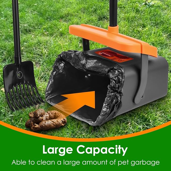 PUPIX Pooper Scooper Kit with Extra Long Handle Dog Poop Rake and Swiveling Bin Heavy Duty Pet Waste Pick Up Tool Includes 35 Waste Bags Dispenser No Bending Easy Yard Cleanup
