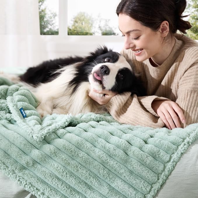 Bedsure ComfyFleece™ Waterproof Blanket for Bed, Twin(60"x80") Garden Green | Soft Plush Couch Bed Cover Corduroy Fleece for Furniture Protector, Cozy Calming Reversible Dog Blankets for Large Dogs Pet
