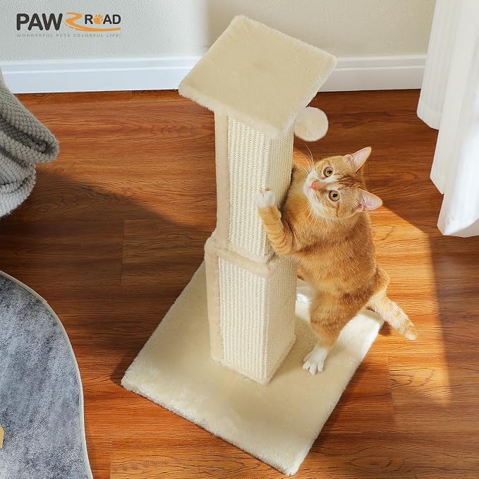 PAWZ Road Cat Scratching Post 32” Tall Square Cat Scratcher - Beige | Heavy Duty Cat Post with 16x16”Large Base Covered Sturdy Woven Sisal Scratcher and Cat Toy Ball for Adult and Indoor Cats