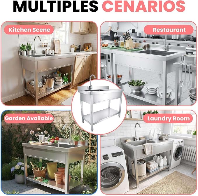 304 Utility Sink, Stainless Work Prep Table, Slop Tub for Garden, Chef
