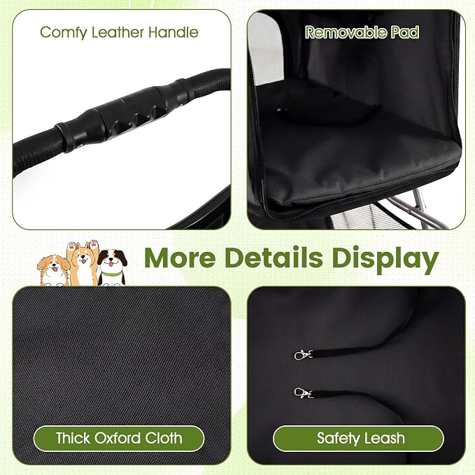 PETSITE 4 Wheels Pet Stroller, Foldable Dog Strollers for Small Dogs with Breathable Mesh, Waterproof Cover, Storage Basket, and Cup Holders, Ideal for Dogs Cats up to 33 lbs (Black)