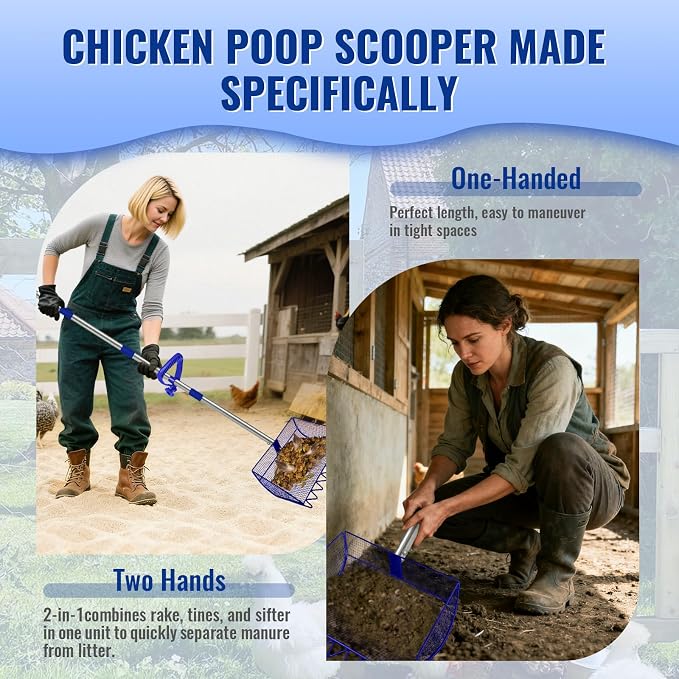 2-in-1 Chicken Coop Scooper: Extra Large 12” Poop Scooper & Rake with Adjustable Handle (37”-65”) | Heavy-Duty Metal Shovel for Quick Pet Waste, Rabbit, Guinea, Barn Cleaning | US Patent Pending, Blue