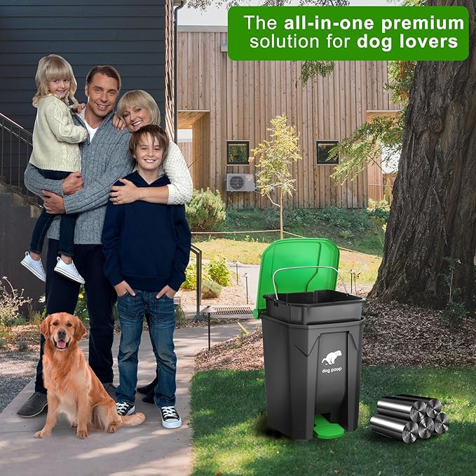 Dog Poop Trash Can Outside 20L/5Gal Large Outdoor Trash Can with Lid Green | Outdoor Dog Poop Trash Can with 100 Bags, Pedal and Removable Inner Bin, Odor Control, Suitable for All Types of Dogs