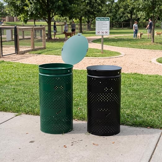 10 Gallon Galvanized Dog Waste Trash Can, Black | Durable galvanized steel pet waste bin with wall post and ground installation options, ideal for parks, yards and communities