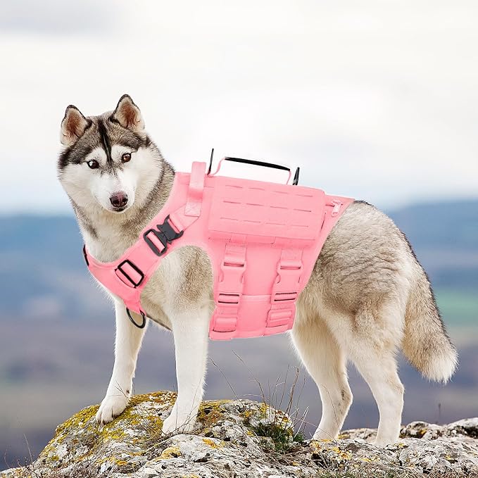 AIWAI Tactical Dog Harness with Handle for Large Dogs,2X Metal Buckle, Dog MOLLE Vest with Pockets,No Pull Adjustable Pet Harness, Easy Control Dog Vest Harness for Working Training (Pink, Large)