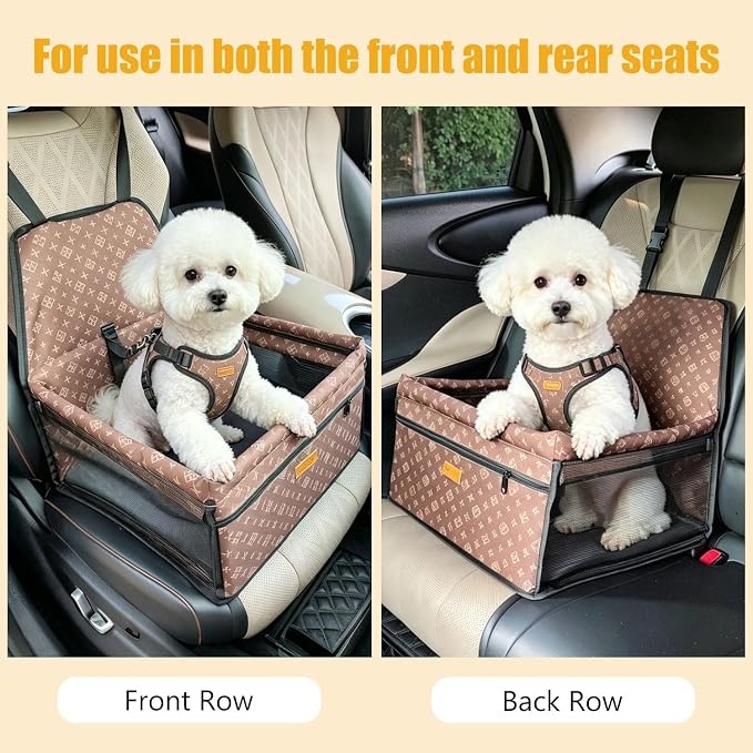 Pet Dog Booster Seat, Upgrading the Framed wall to Prevent Collapse,Breathable and Foldable Pet Car Basket,Removable andWashable pet car seat (Brown)